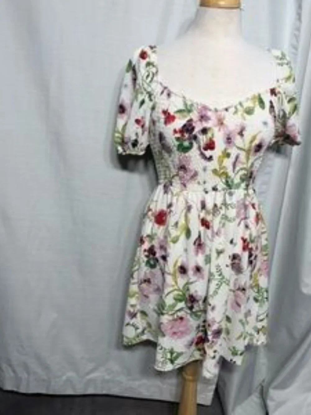 Floral Smocked Waist Puff Sleeve Mini Dress Cottagecore Garden Party - Picture 3 of 6